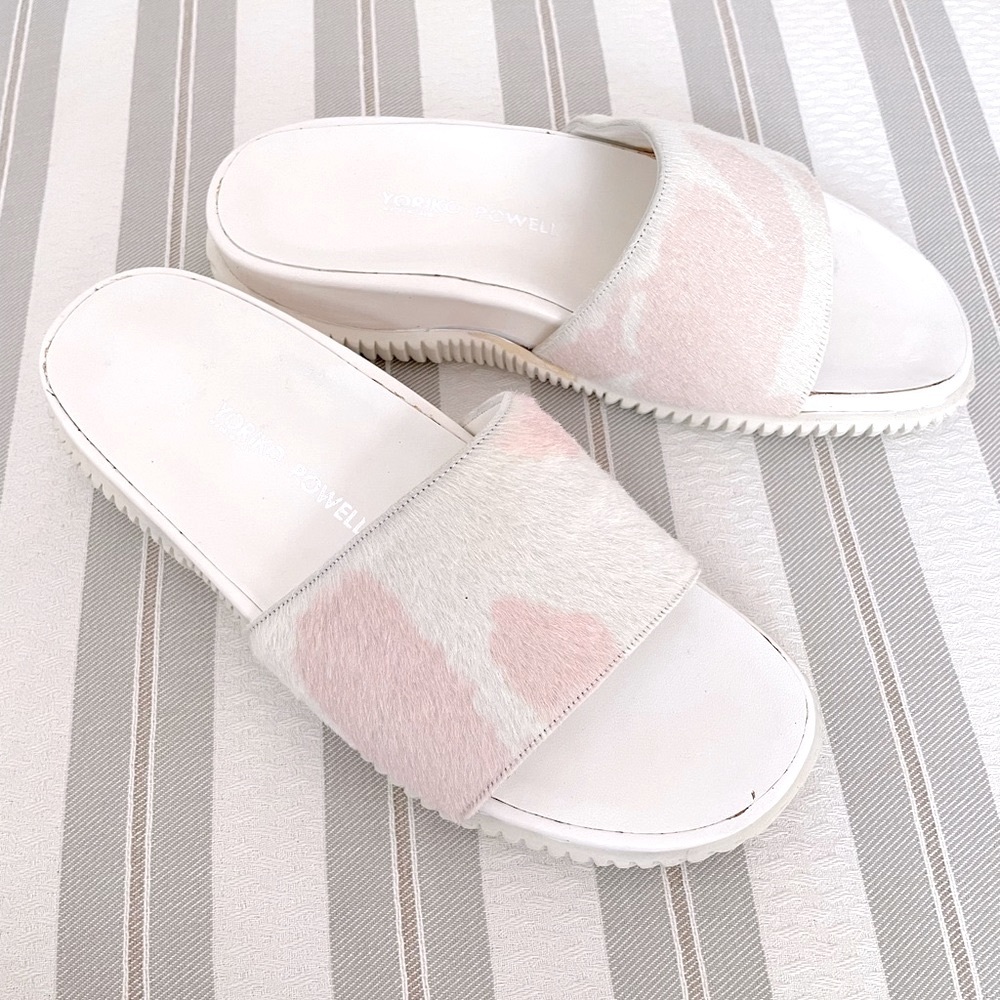 Yoriko Powell Vintage Made in Italy Pony Hair Leather Slides Sandals